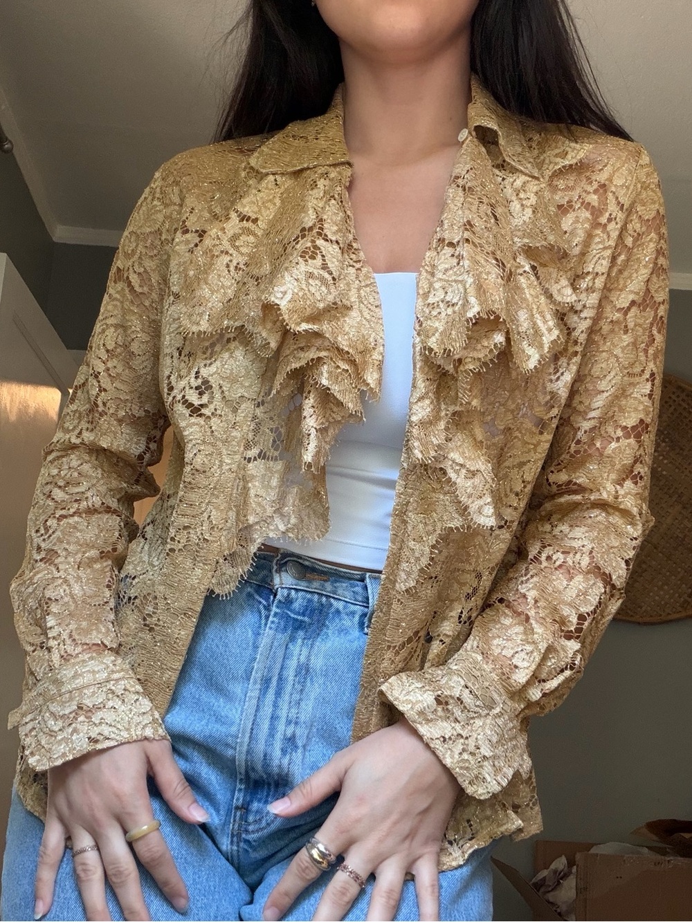 Vintage Anne Klein Gold Shimmer Lace Ruffle Cardigan Blouse
